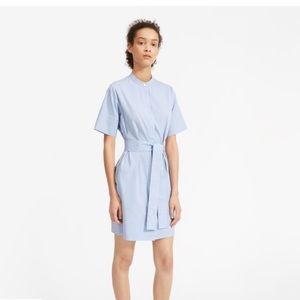 Everlane cotton collarless belted shirtdress blue